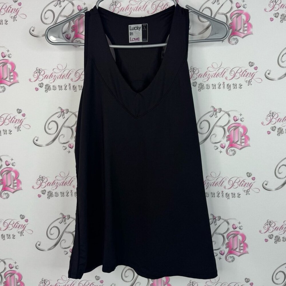 Lucky in Love tank top racer back stretchy Black Tank Top